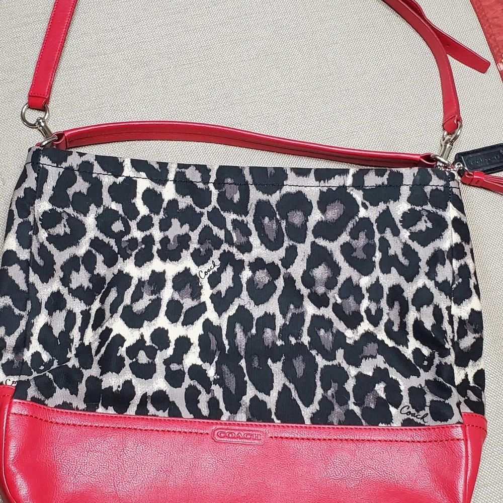Coach Shoulder bag Ocelot Print & Red Leather